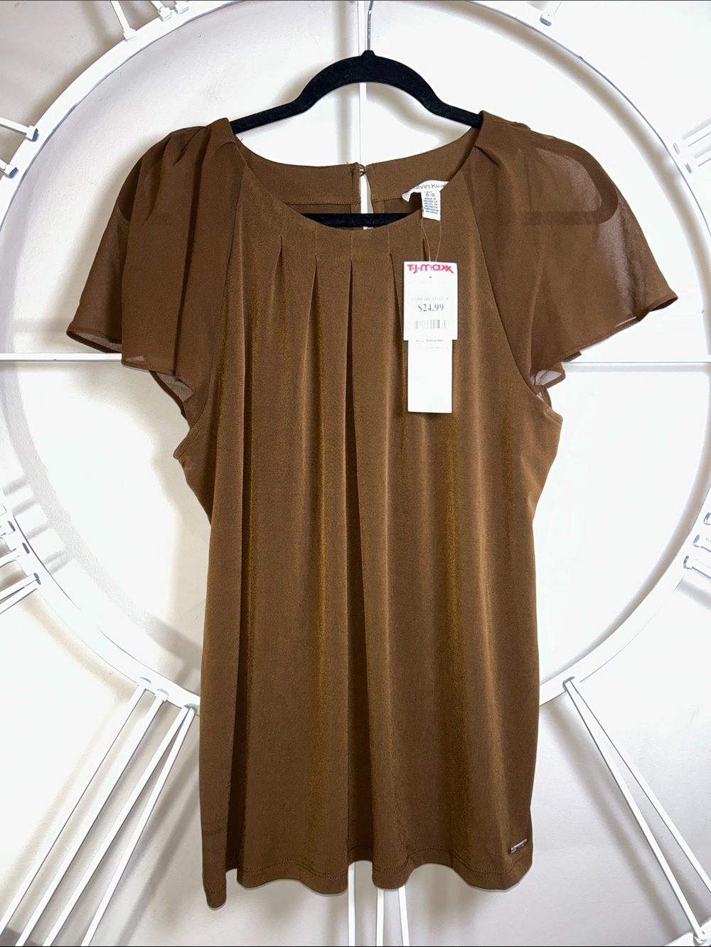NWT Calvin Klein Brown Flutter Sleeve Pleated Blouse